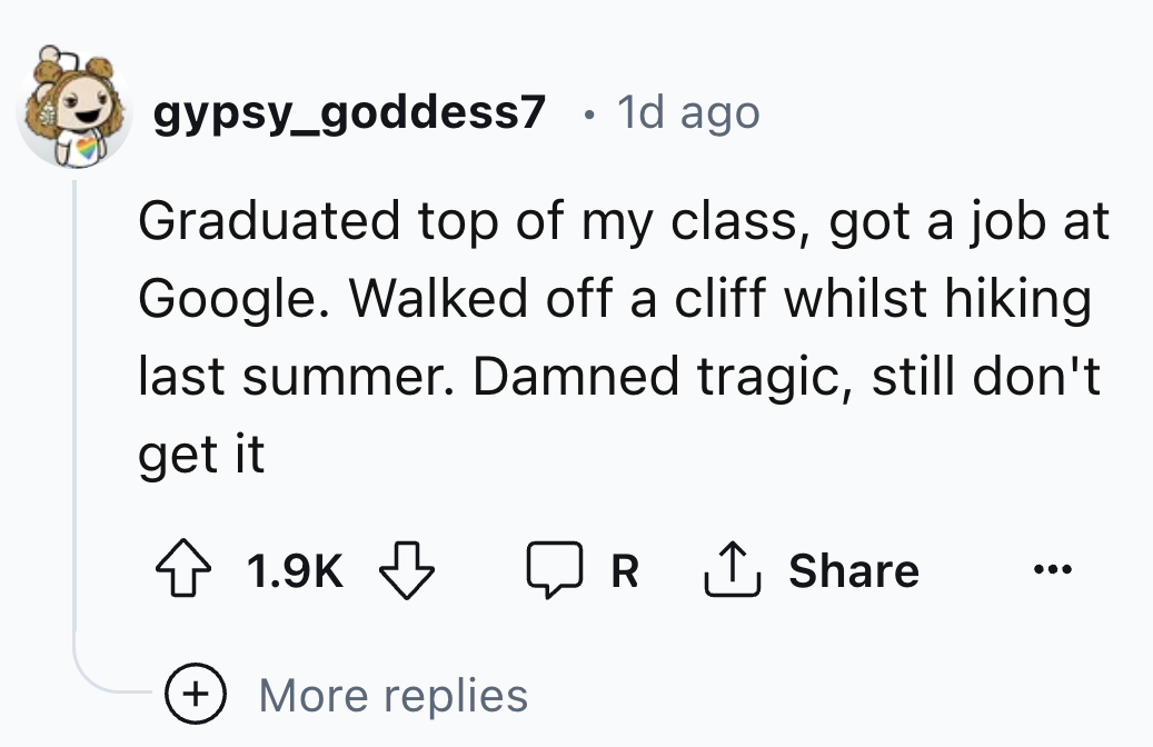 number - gypsy_goddess7. 1d ago Graduated top of my class, got a job at Google. Walked off a cliff whilst hiking last summer. Damned tragic, still don't get it More replies R